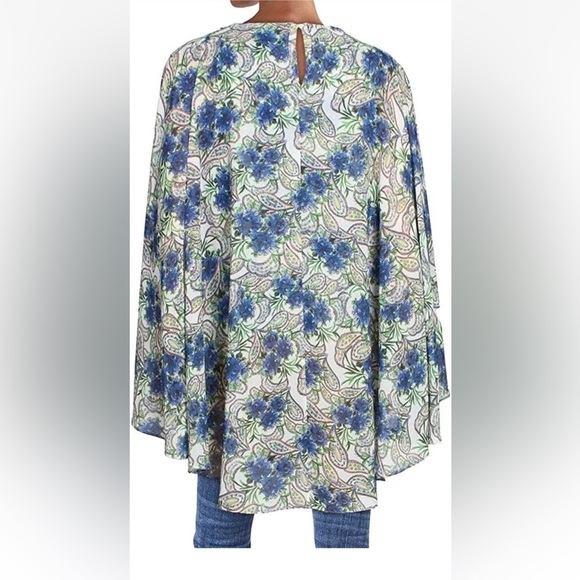Badgley Mischka • Georgette Paisley Printed Blue Green Cape Top Sz Small Boho - Picture 2 of 10